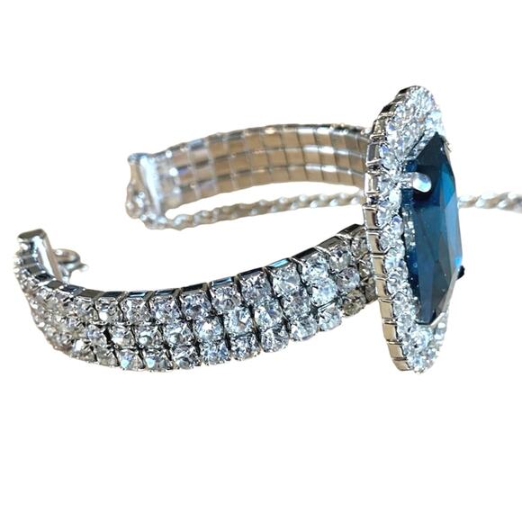 New Sapphire blue crystal crystal collar necklace earrings bangle bracelet set - Picture 3 of 11